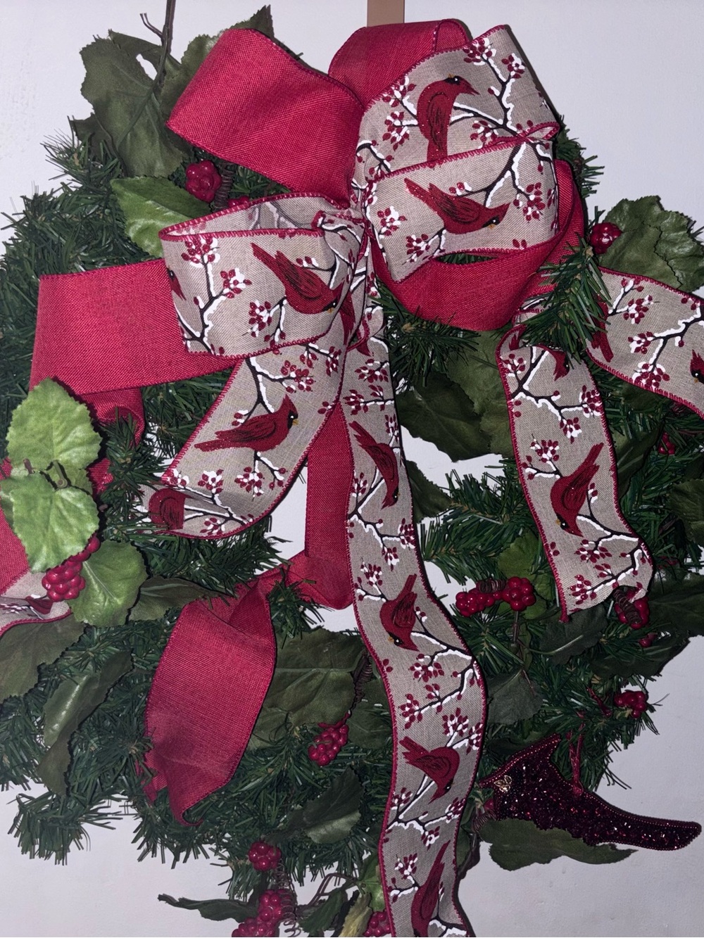 Holiday Cardinal Ribbon Wreath - Red - Picture 4 of 4